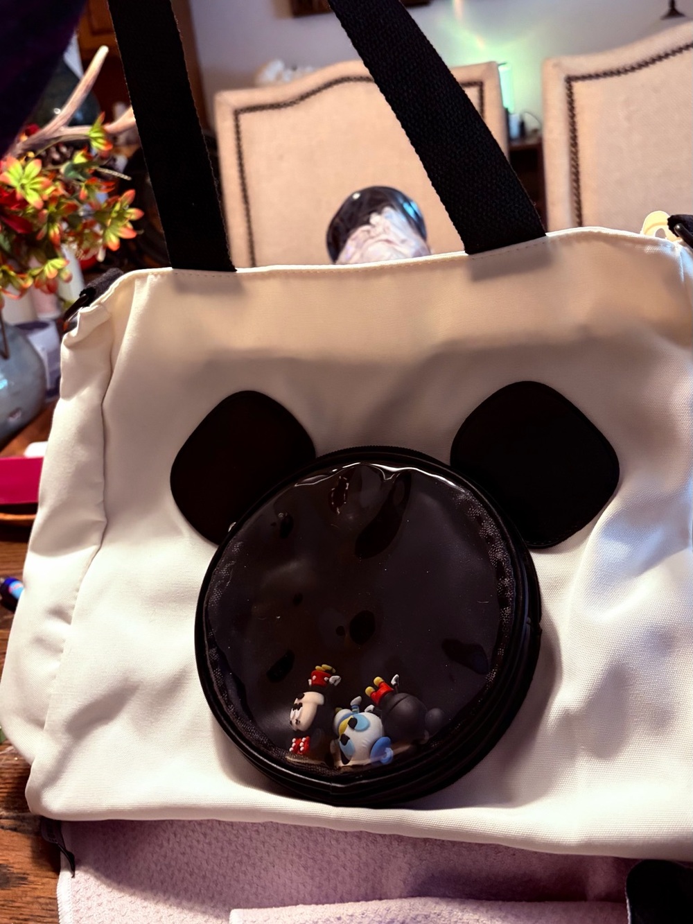 Disney White Tote Bag with Black Ears and Clear Round Pocket back pocket